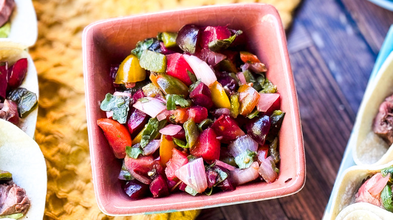 Stone fruit salsa in square bowl