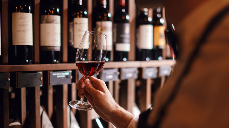 holding wine glass in front of wine bottles