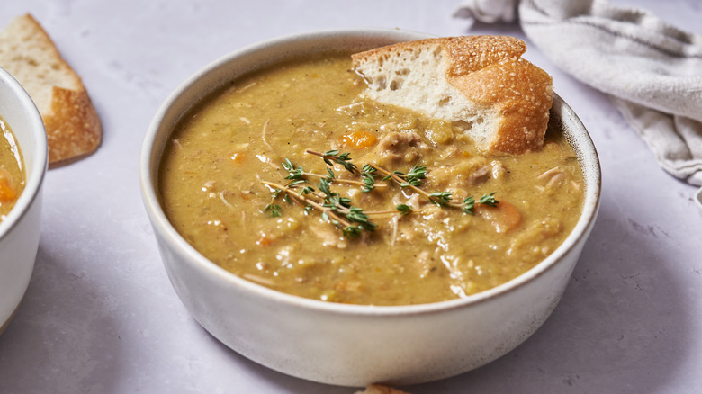 split pea soup in white bowl