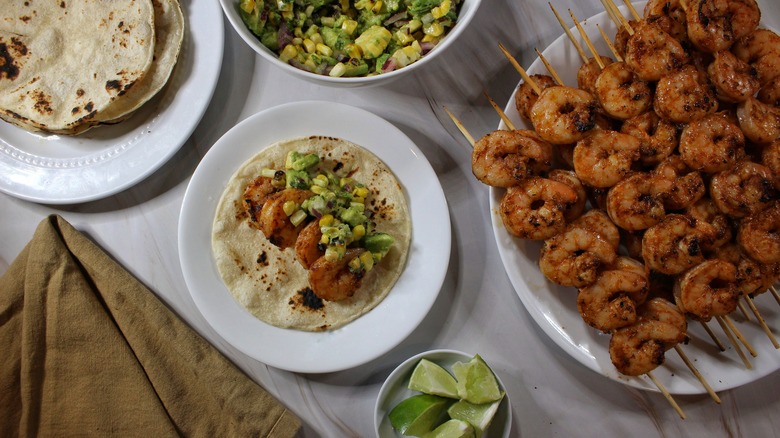 shrimp taco fixings on table