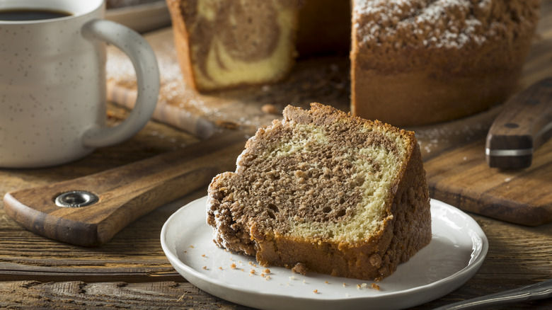 Slice of coffee cake on a plate