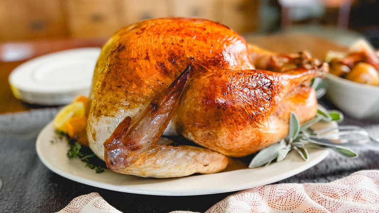 Basic roasted turkey on platter on table