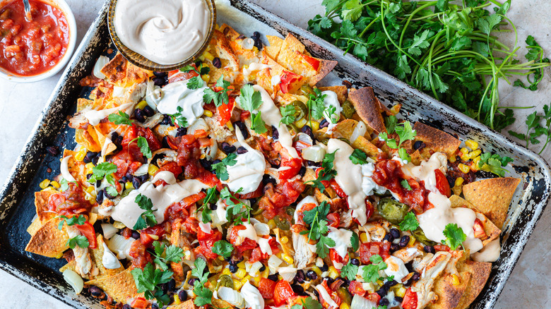 Nachos with spicy mayo, salsa and cilantro