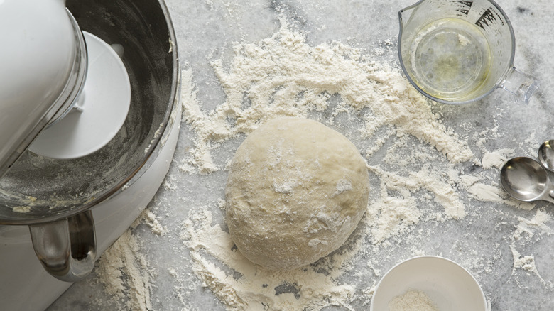 KitchenAid mixer with pizza bread dough