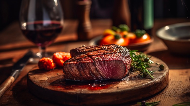 Cooked steak on cutting board