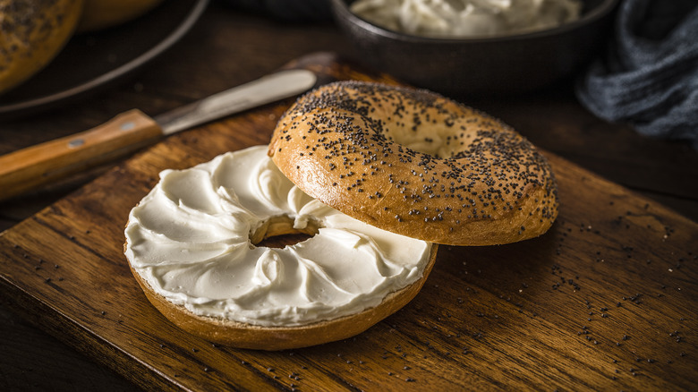 sliced bagel with cream cheese