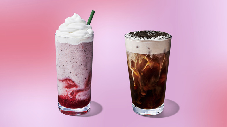 Starbucks Valentine's Day Drinks on pink background.