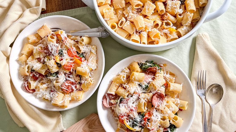 kielbasa sausage, cheese, and pepper pasta in bowls