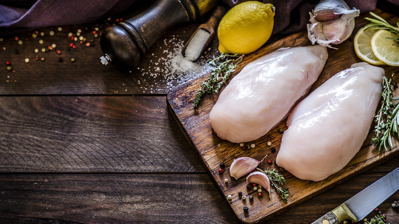 Raw chicken breasts.