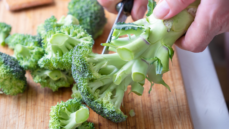 Person cutting fresh green broccoli on a wooden cutting board.