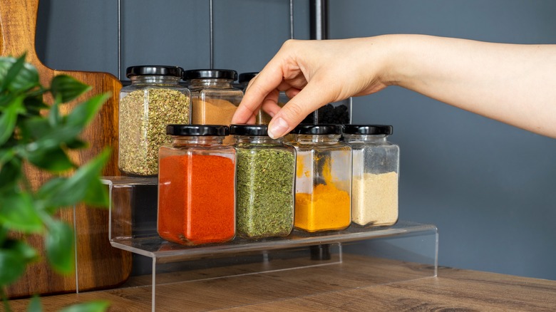 Spice jars on rack