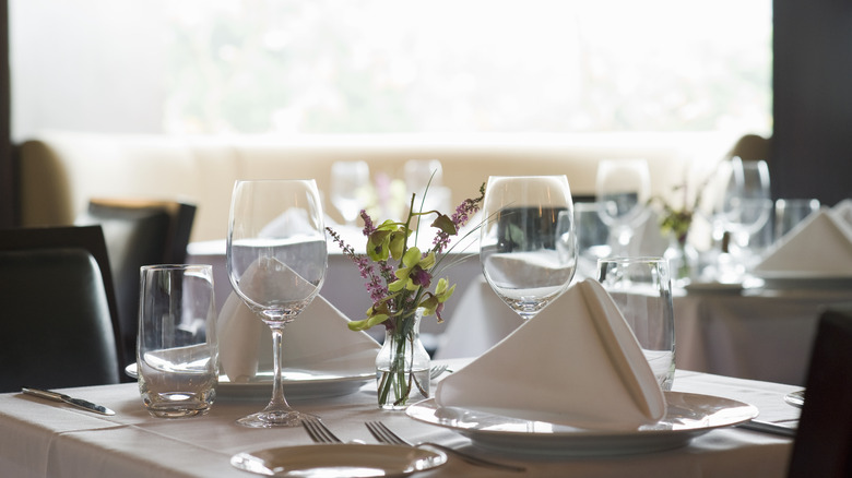 Restaurant dining table with empty wine glasses