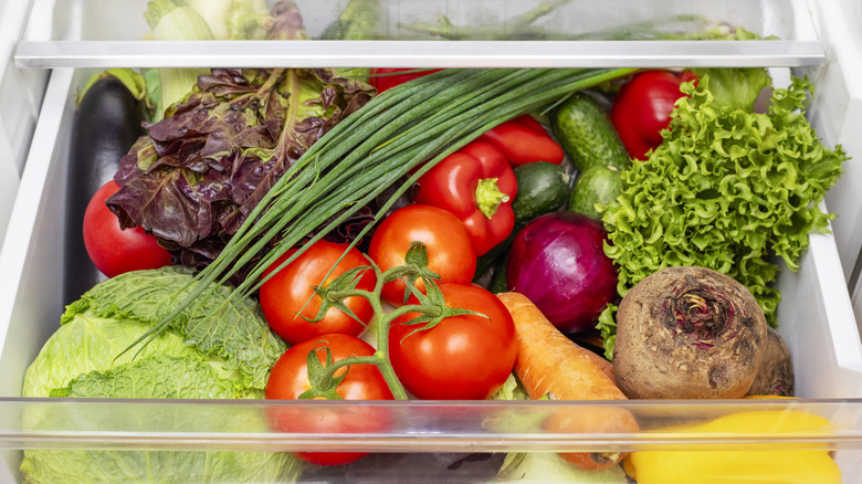 Fridge drawer full of assorted vegetables