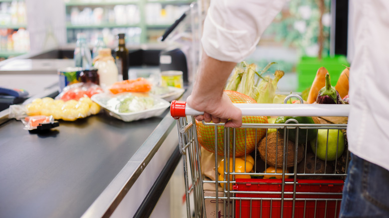 Person pushing cart at grocery checkout