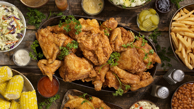 Fried chicken feast on table