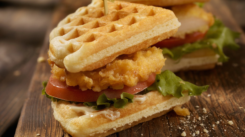 waffle chicken sandwich on board