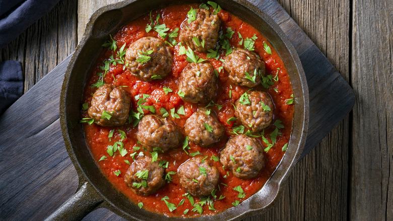 Meatballs in cast iron skillet