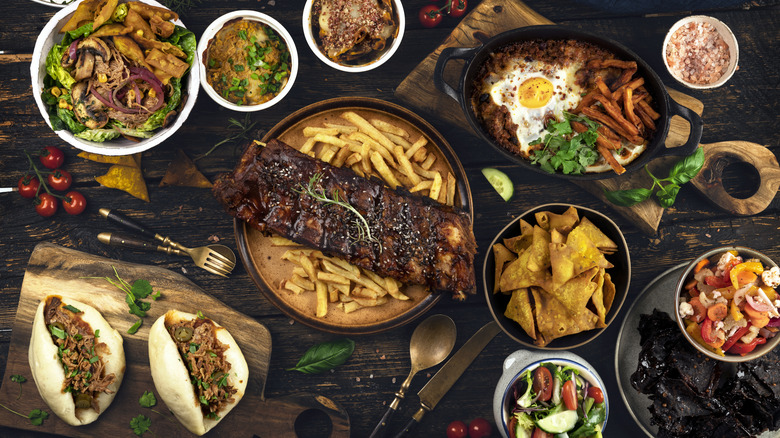 Assortment of foods on a wooden table