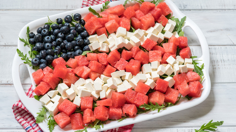 Watermelon, blueberry, feta flag salad