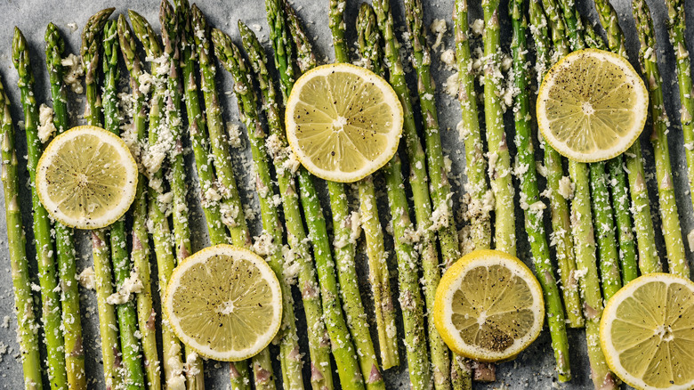 lemon roasted asparagus on pan