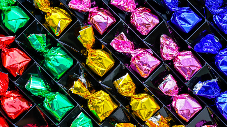 An assortment of brightly wrapped bonbons