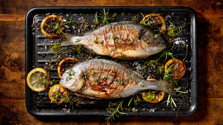 Grilled fish on a sheet pan