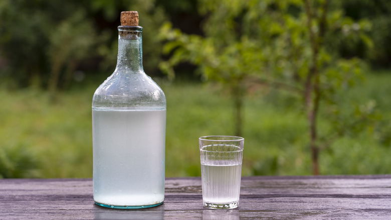 Bottle and glass of moonshine.