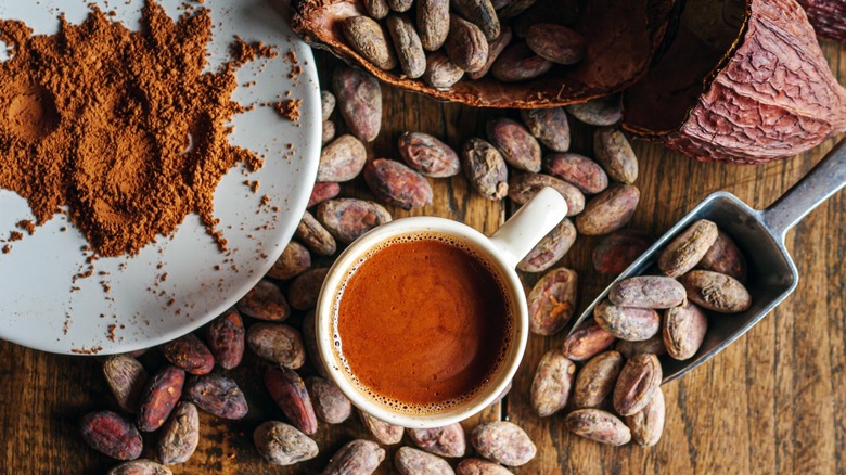 Hot chocolate and cocoa beans