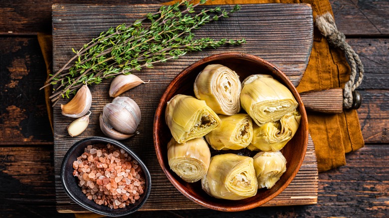 Canned artichoke hearts, garlic, thyme