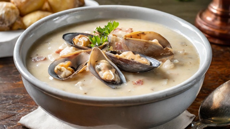 Bowl of creamy clam chowder