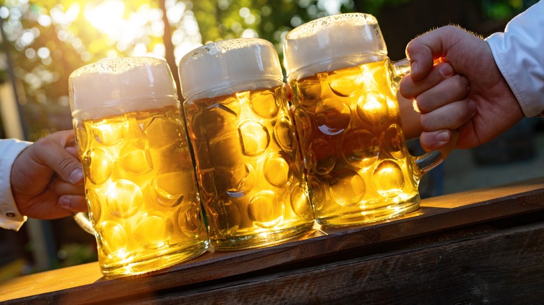 Three beer mugs in sunshine