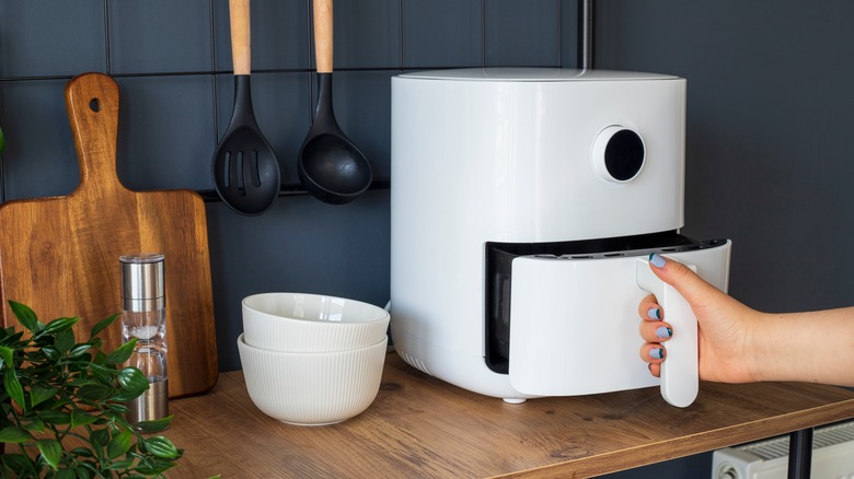 Person using white air fryer