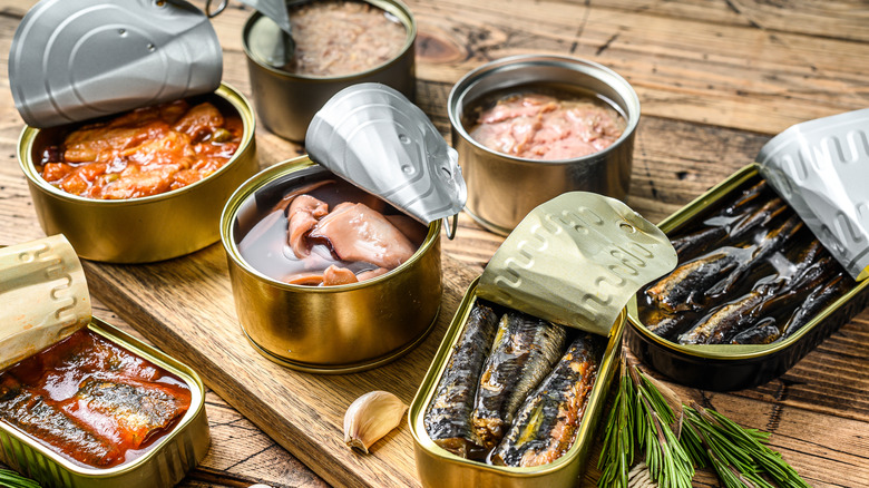 A variety of canned meats